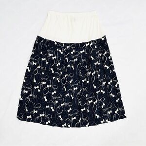 Vintage Allisia Drop Waist Cream Navy Bows Ribbons Printed Pleated Skirt